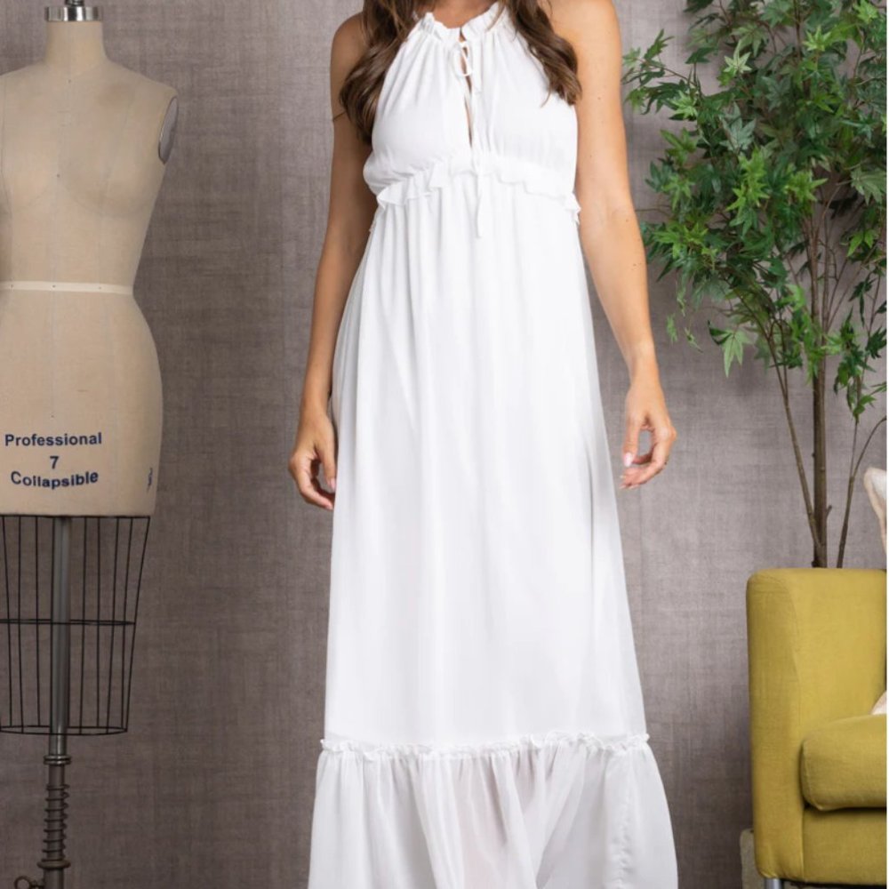 ⚪️ HALTER DRAWSTRING STRAP RUFFLED HEM MAXI DRESS WHITE